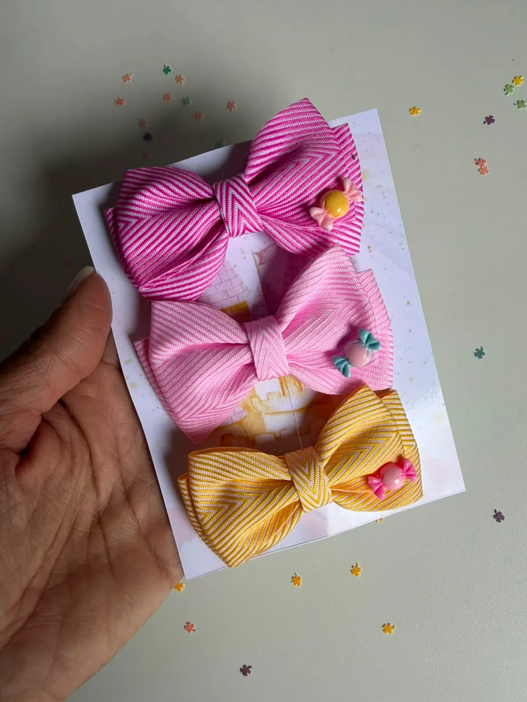 Trio de Laços Rosa e Amarelo Canelado