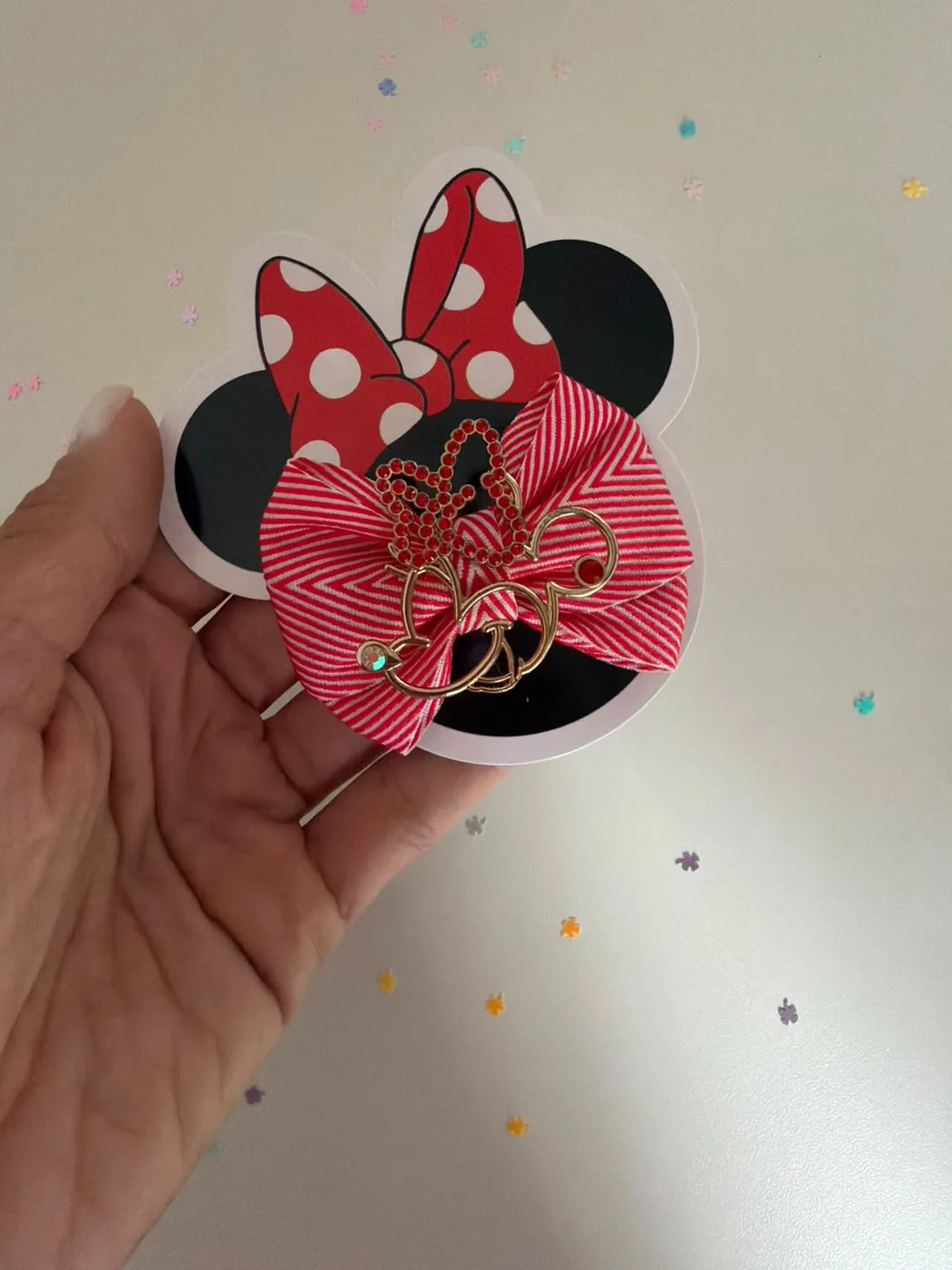 Laço Minnie Listrado Rosa com Dourado