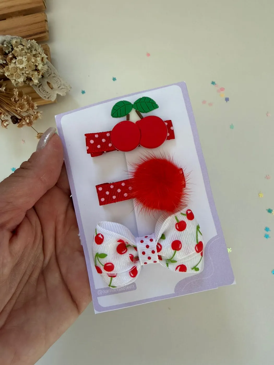 Kit Hairclips Cerejinha Vermelho Poá