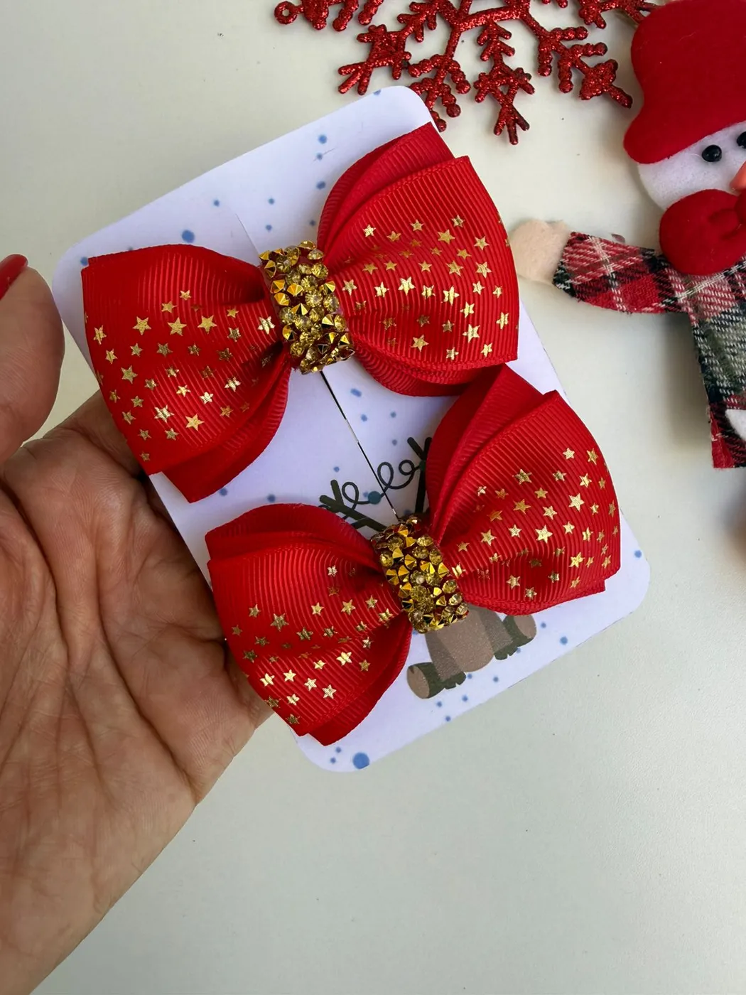 Parzinho Laço Vermelho com Estrelas Douradas Natal