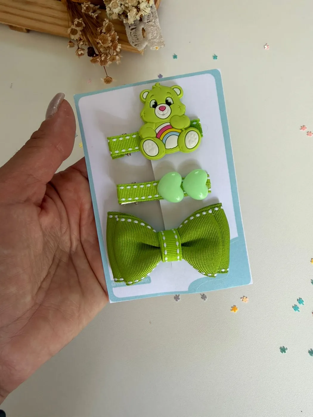 Kit Laço e Hairclips Ursinho Carinhoso Verde