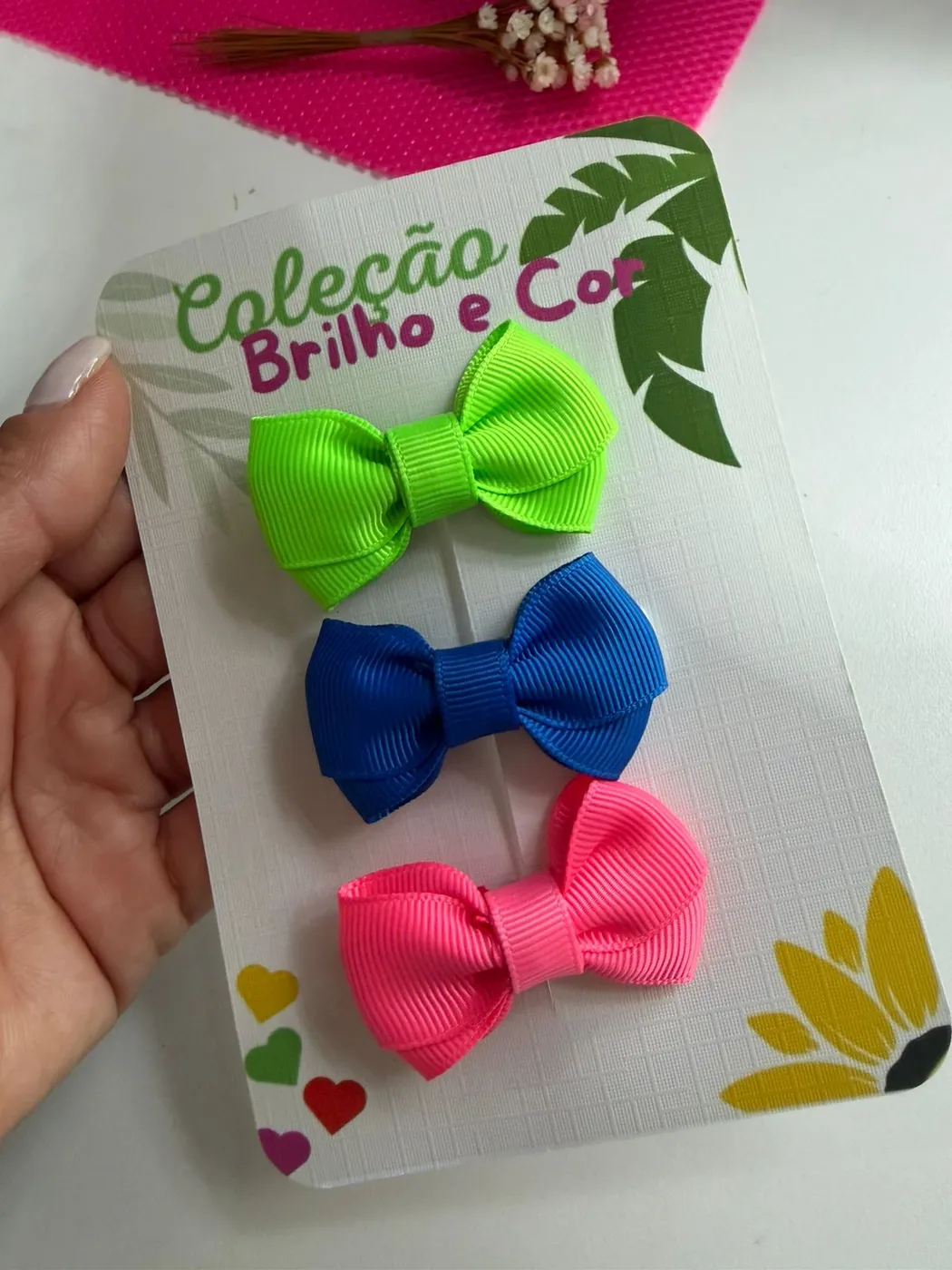 Trio de Laços Pequenos Verde, Azul e Pink