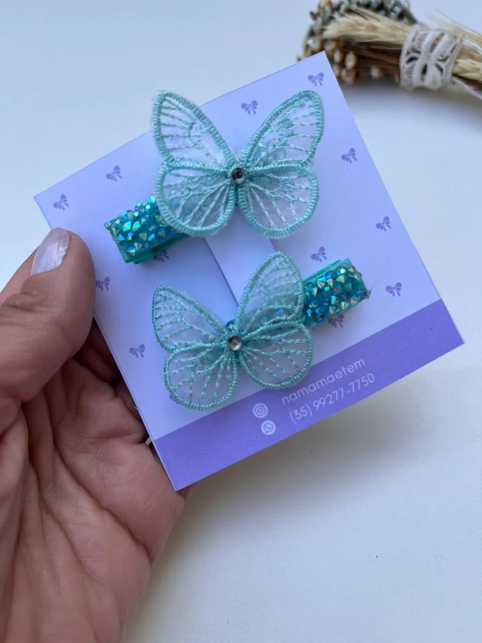 Parzinho Borboleta Renda Verde Água com Glitter