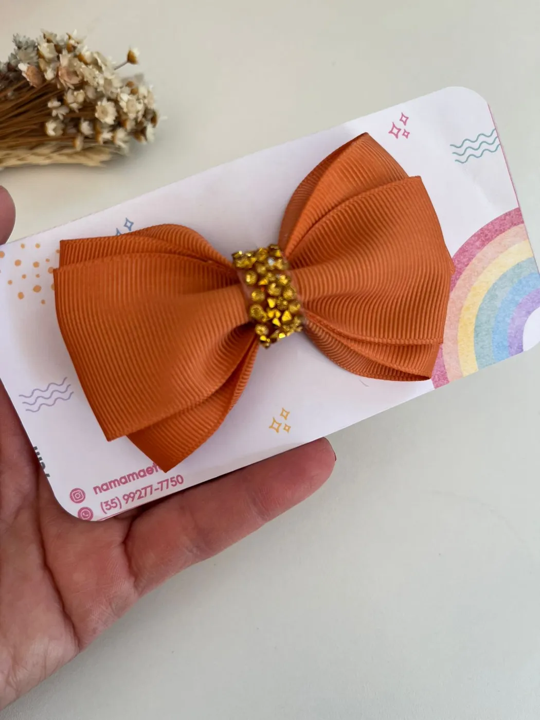 Laço Cetim Laranja com Strass Dourado