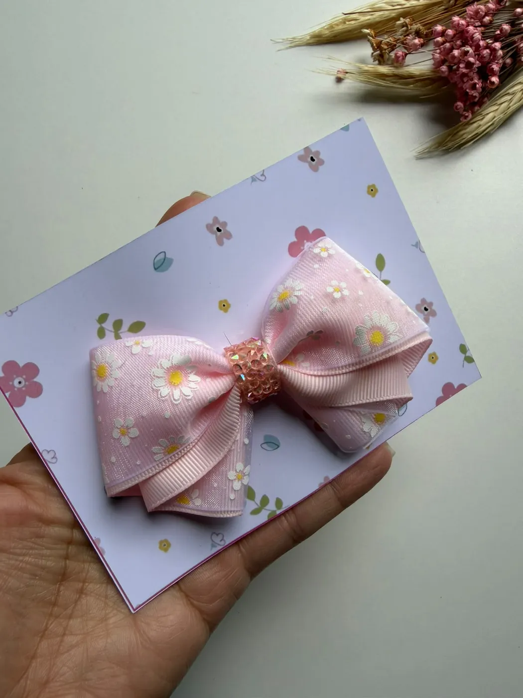 Laço Floral Rosa Bebê com Strass
