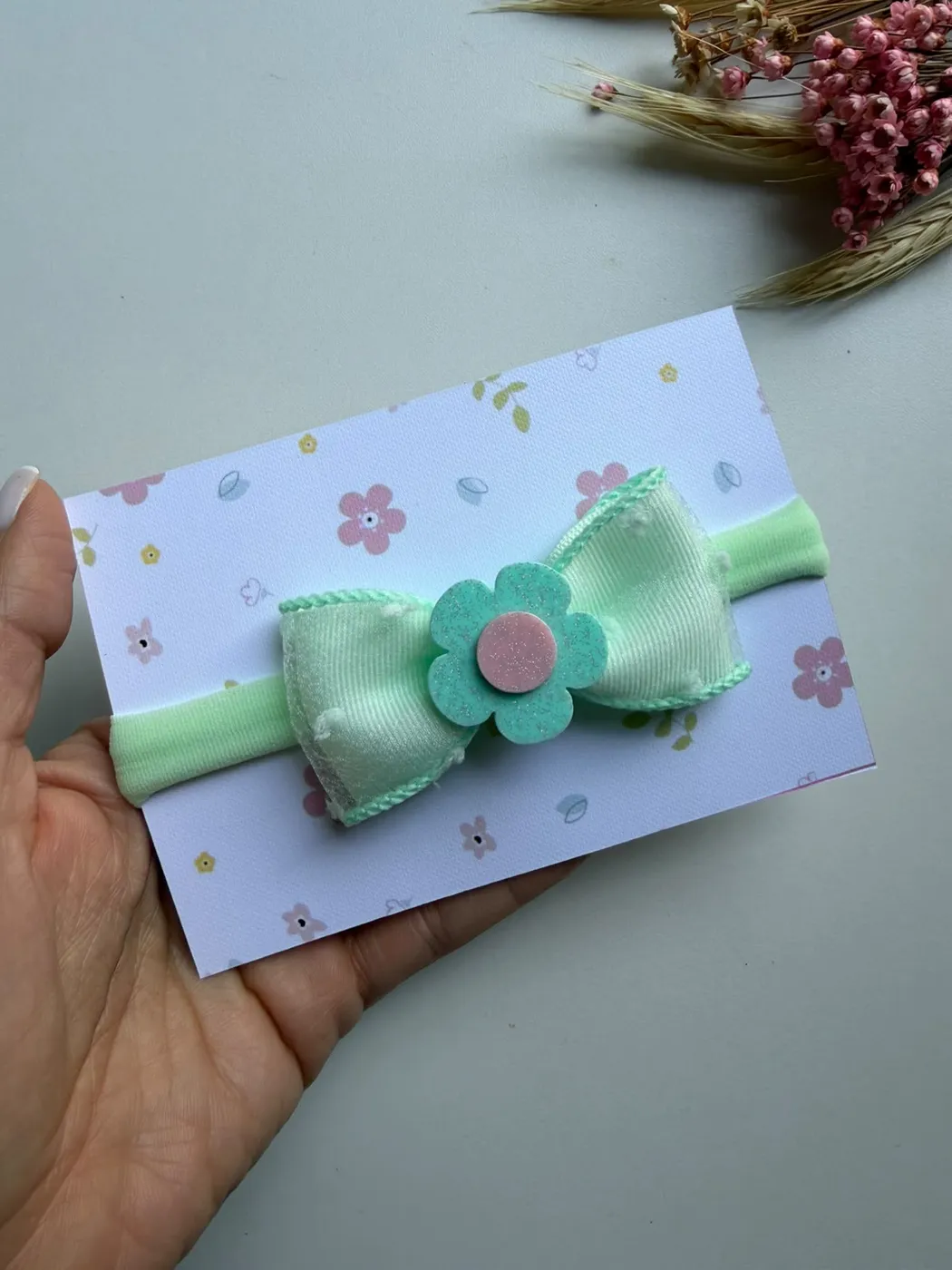 Faixinha de Bebê Laço Verde Menta com Flor