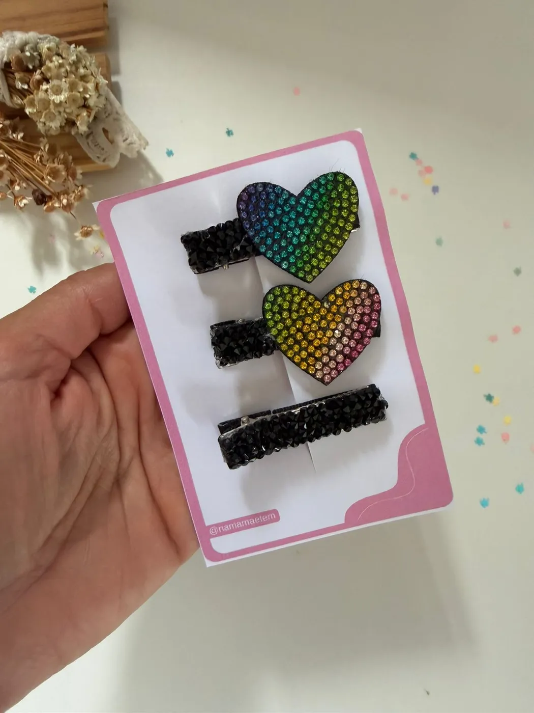 Kit Baby Clips Coração Strass Preto