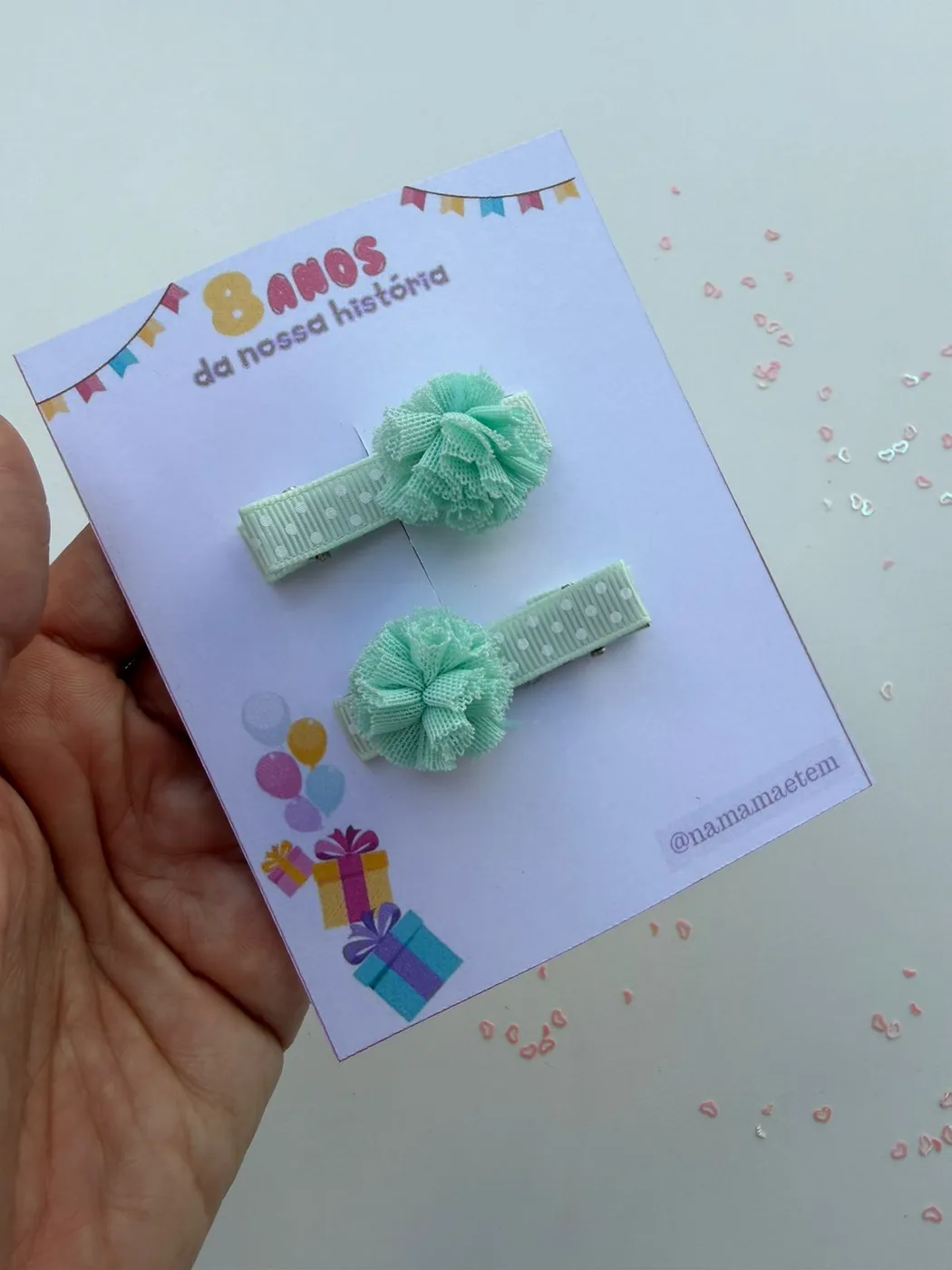 Parzinho Hairclip Pompom Verde Menta Poá