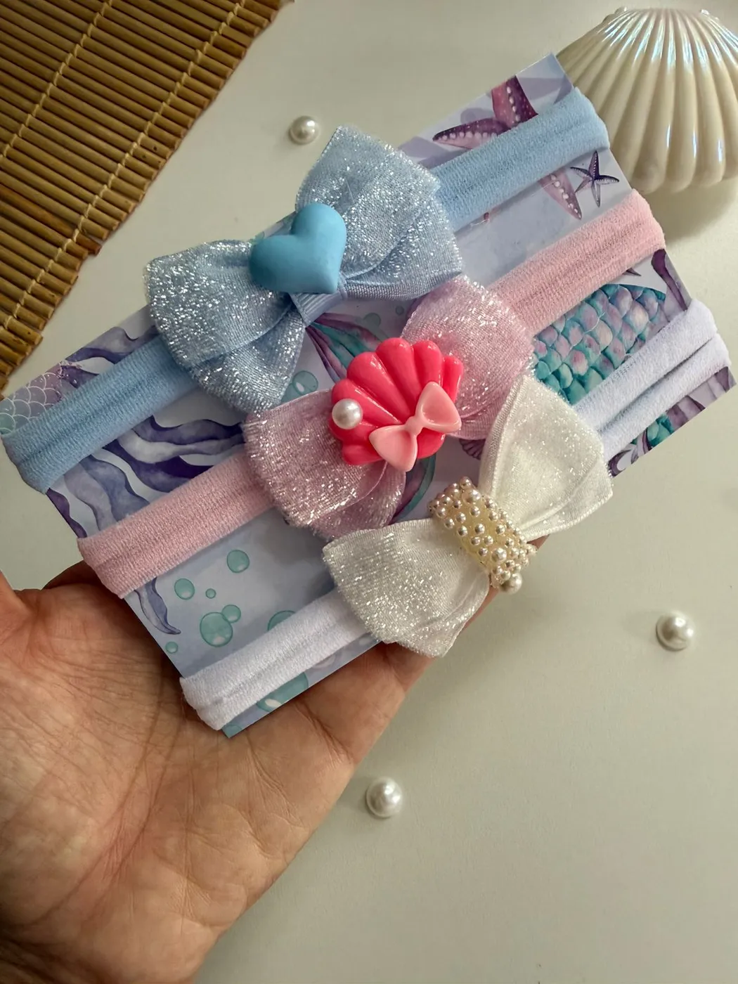 Trio Faixinhas Laço Sereia Azul, Rosa e Branco