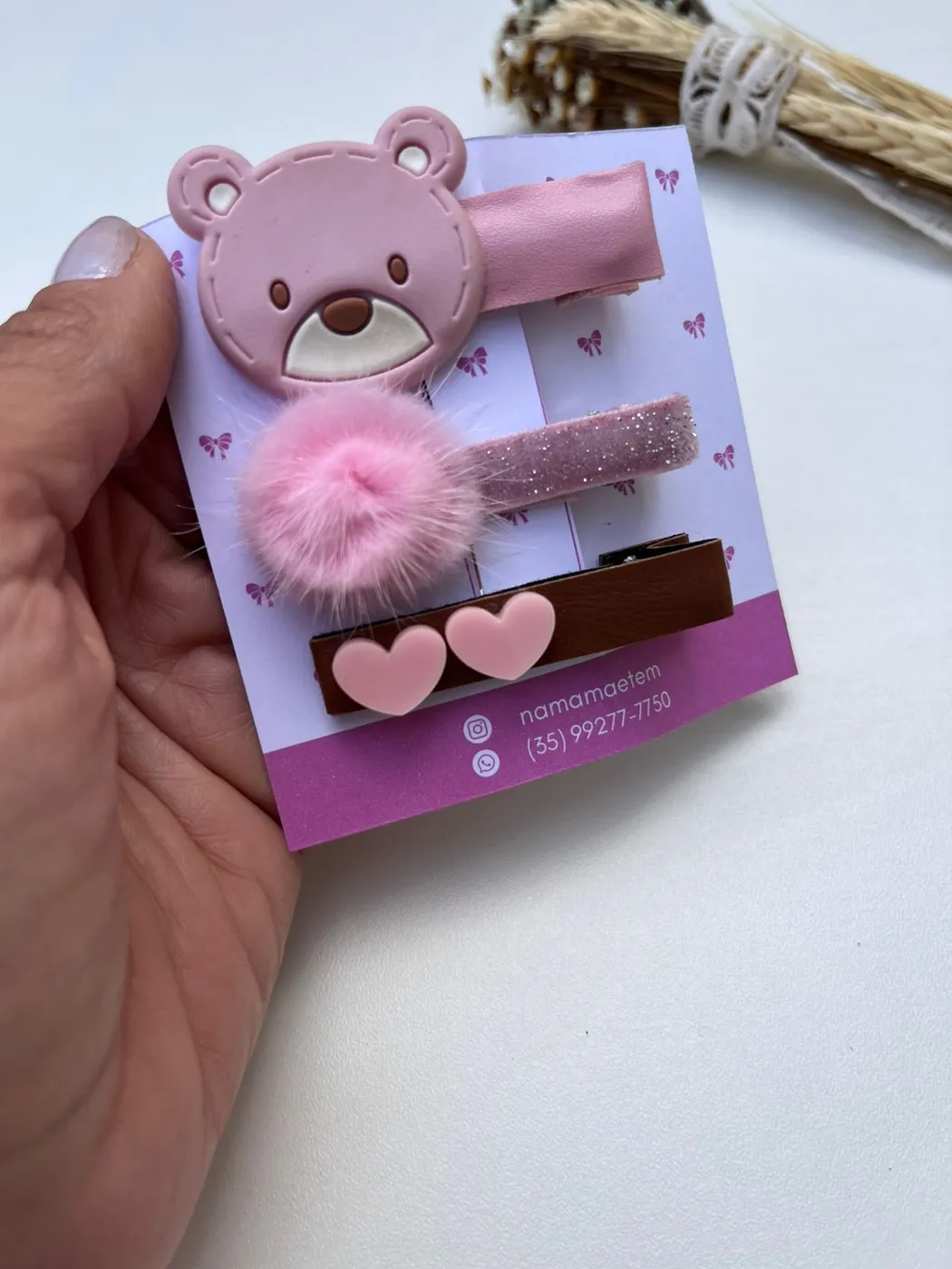 Kit Hairclip Ursinho, Pompom e Coração Rosa