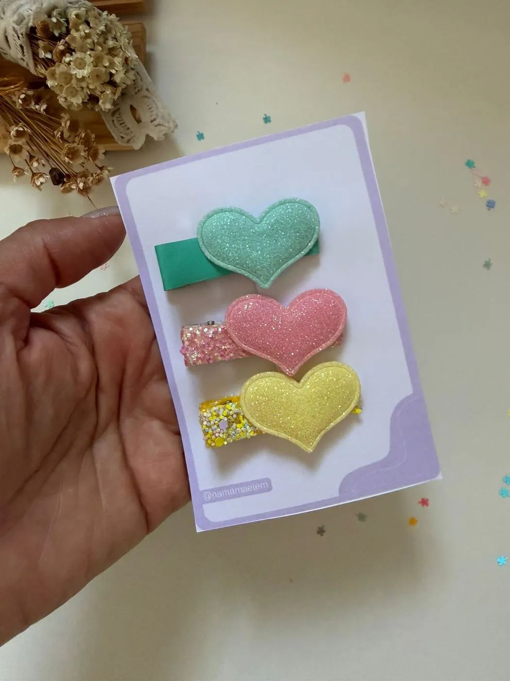 Kit Hairclips Corações Verde, Rosa e Amarelo