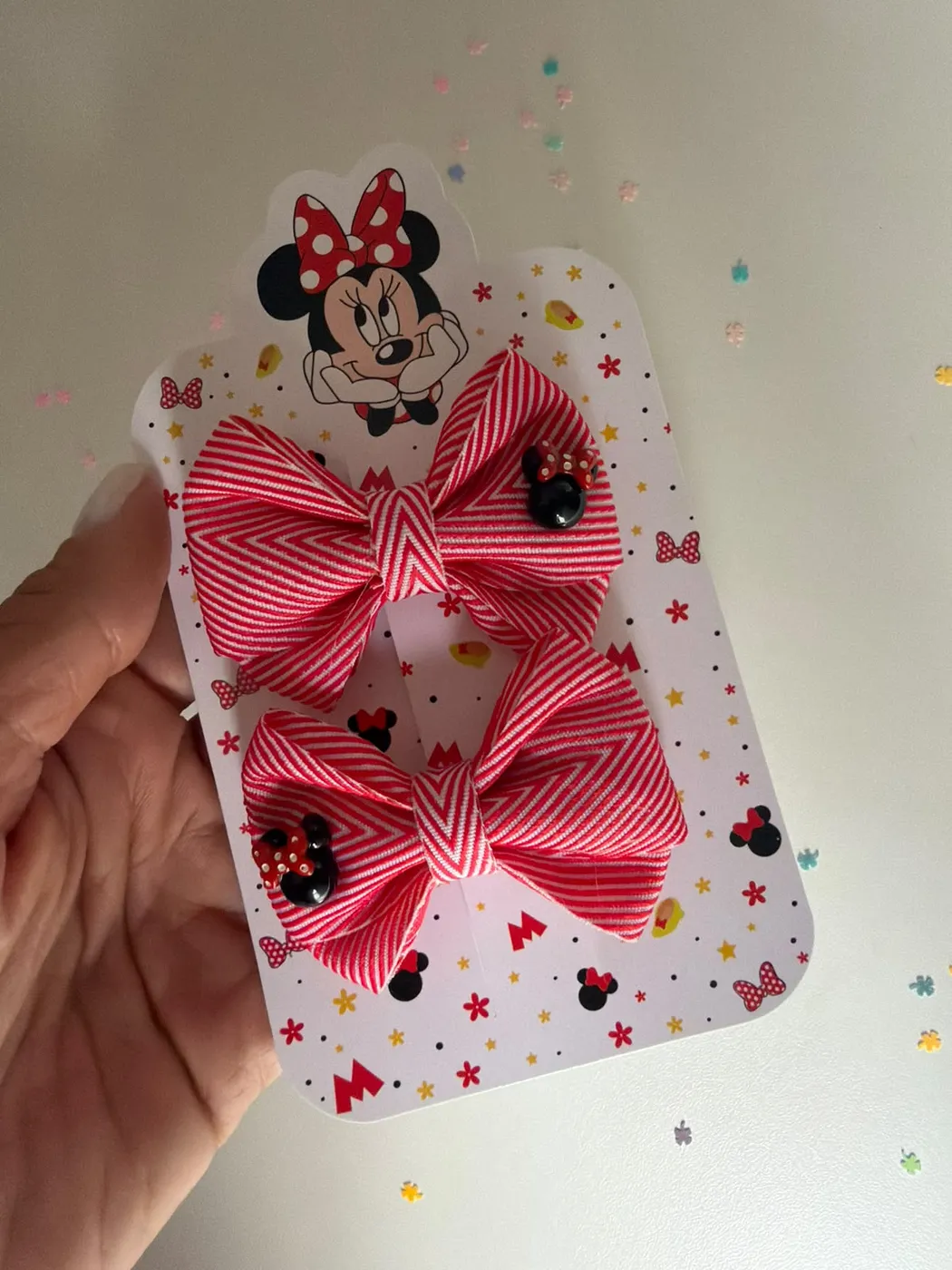 Parzinho Minnie Laço Listrado Vermelho