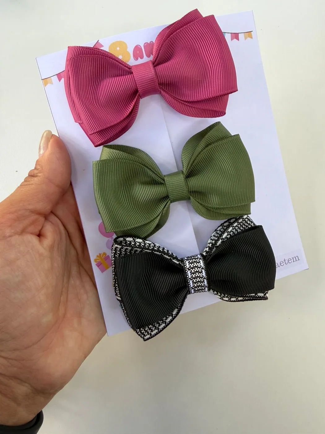 Trio de Laços Rosa Escuro Verde Oliva e Preto Strass