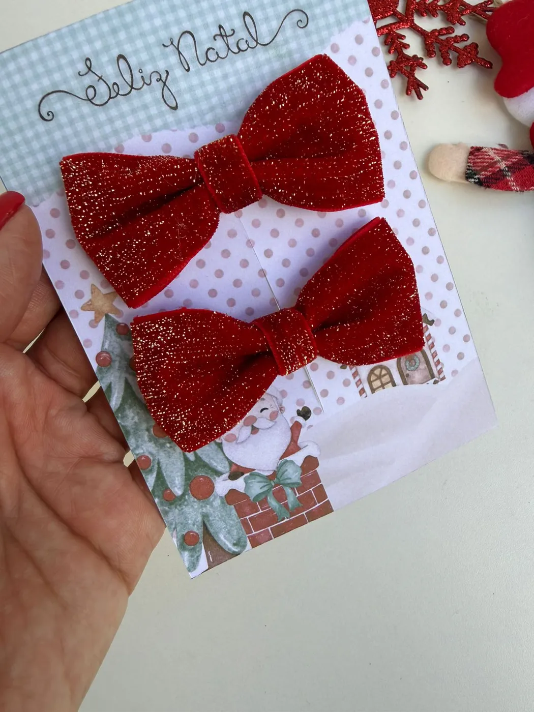 Parzinho Laço Vermelho Glitter Natal