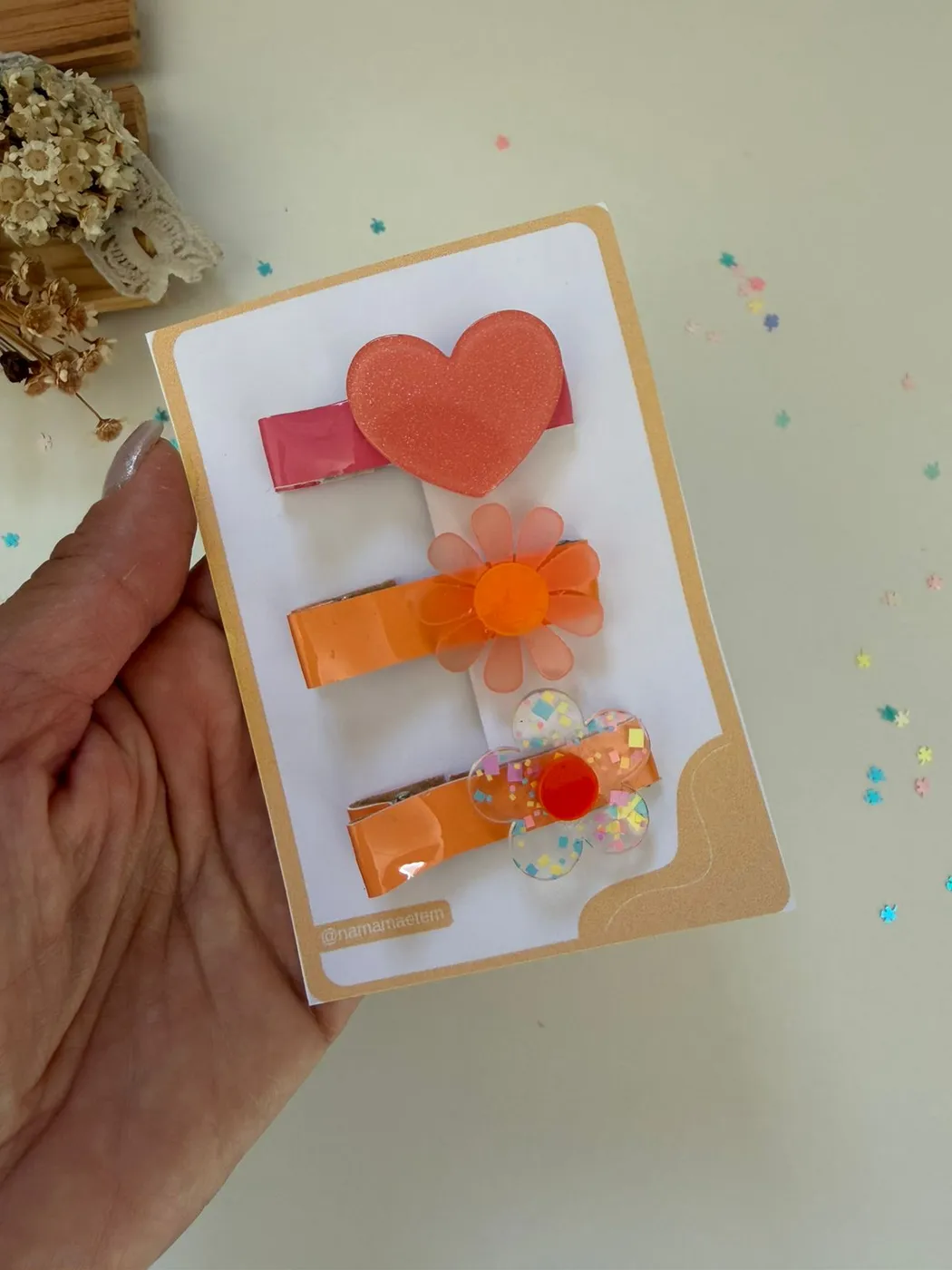 Kit Hairclips Coração Coral e Laranja