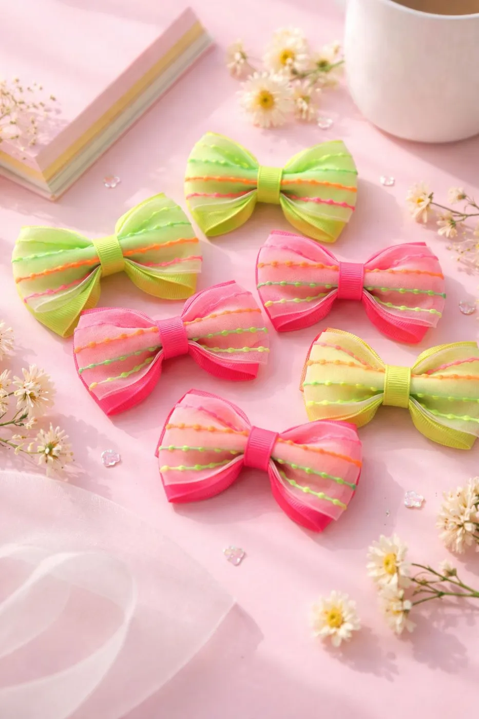 Kit Laços Tule Neon Rosa e Verde